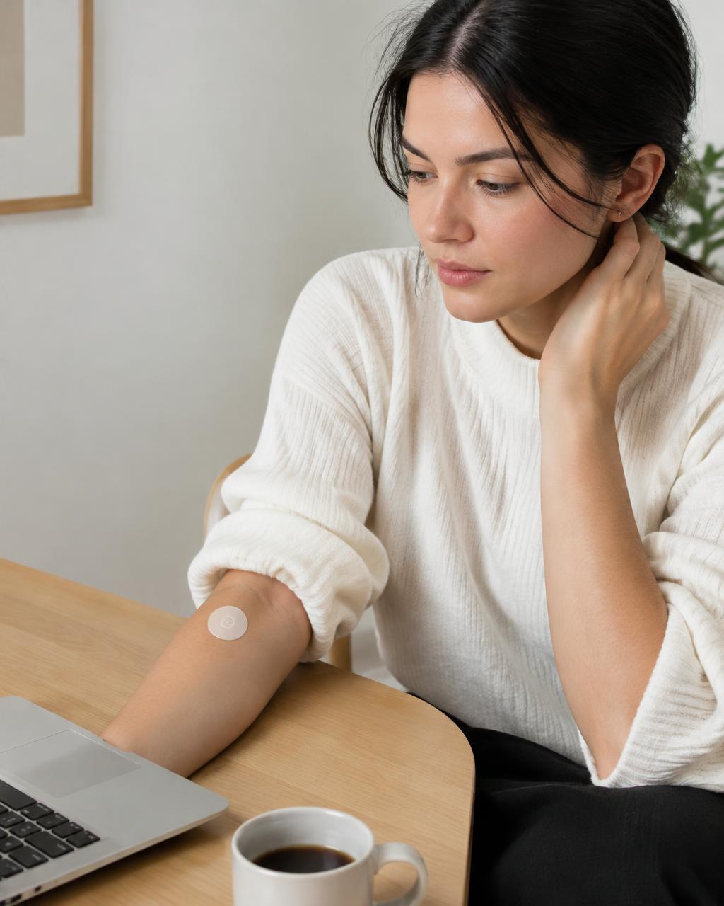 Person at a desk wearing a patch on the forearm
