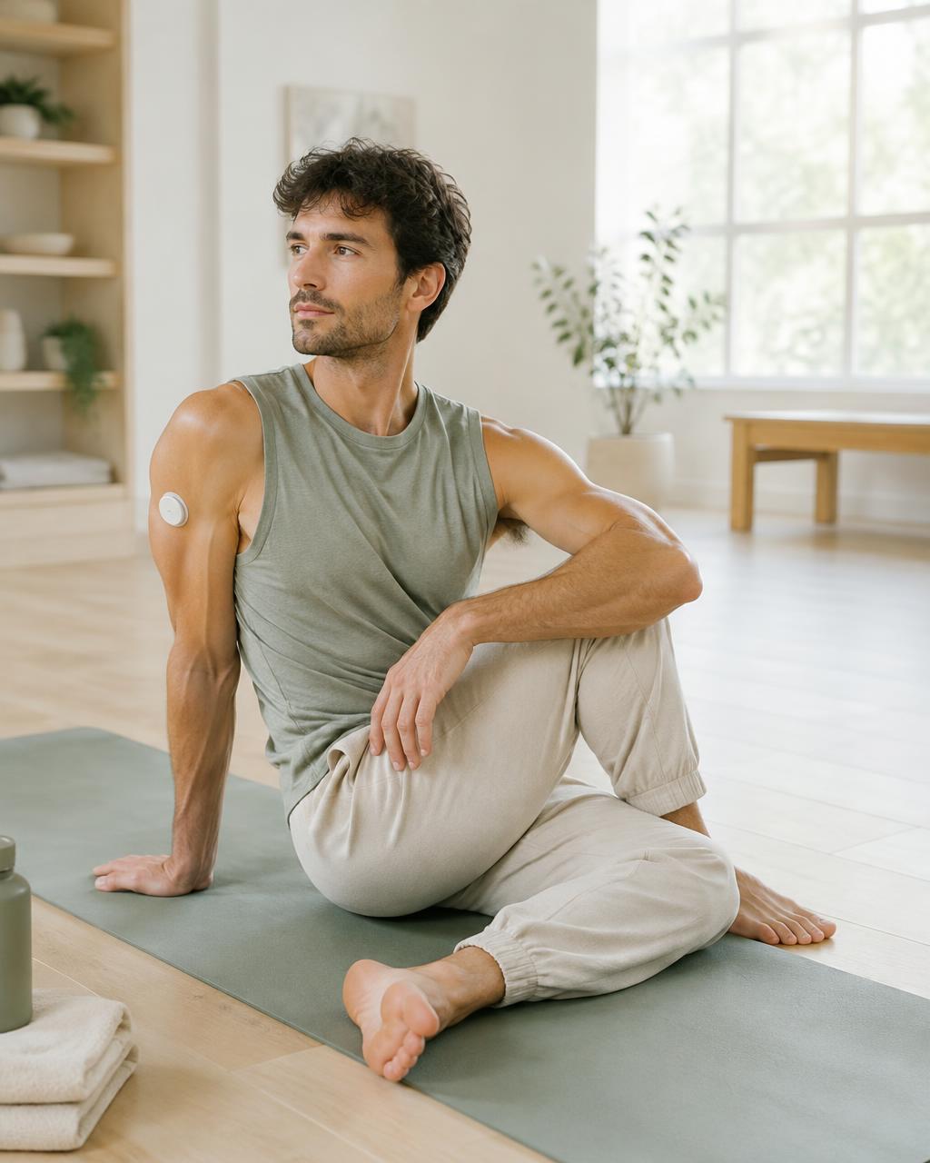 Man stretching on a yoga mat wearing a patch on his upper arm